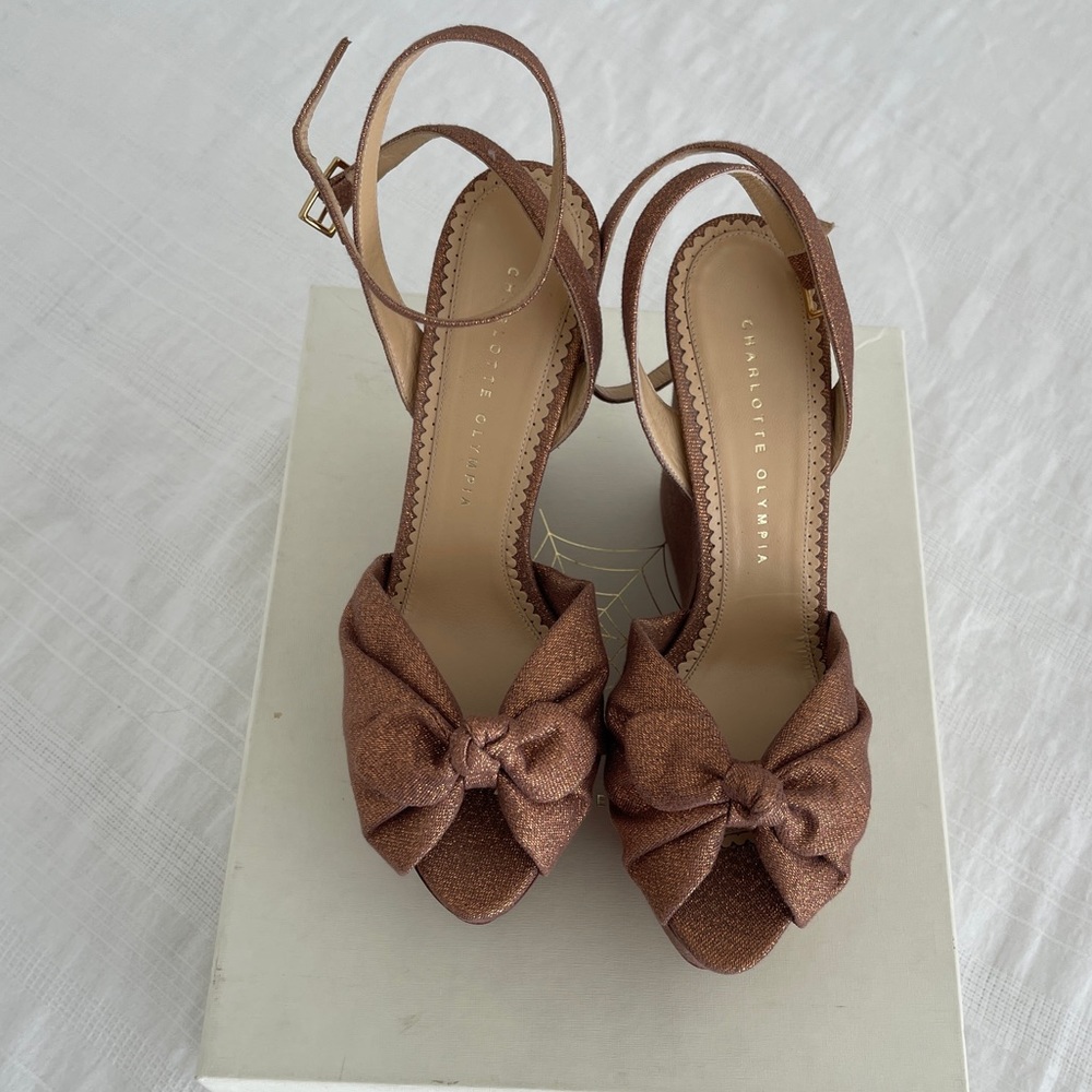 Charlotte Olympia Miranda Bronze Metallic Canvas Wedges Sz 39.5